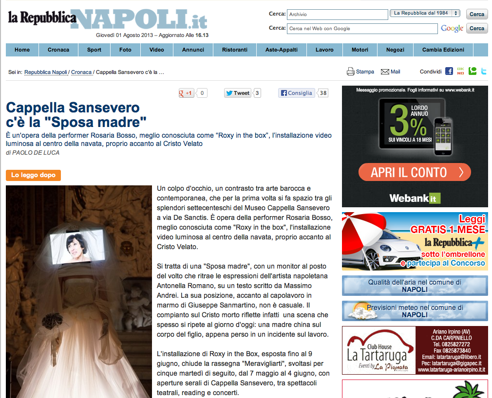REPUBBLICA.IT - Cappella San Severo, c'è La Sposa Madre - Roxy in the Box