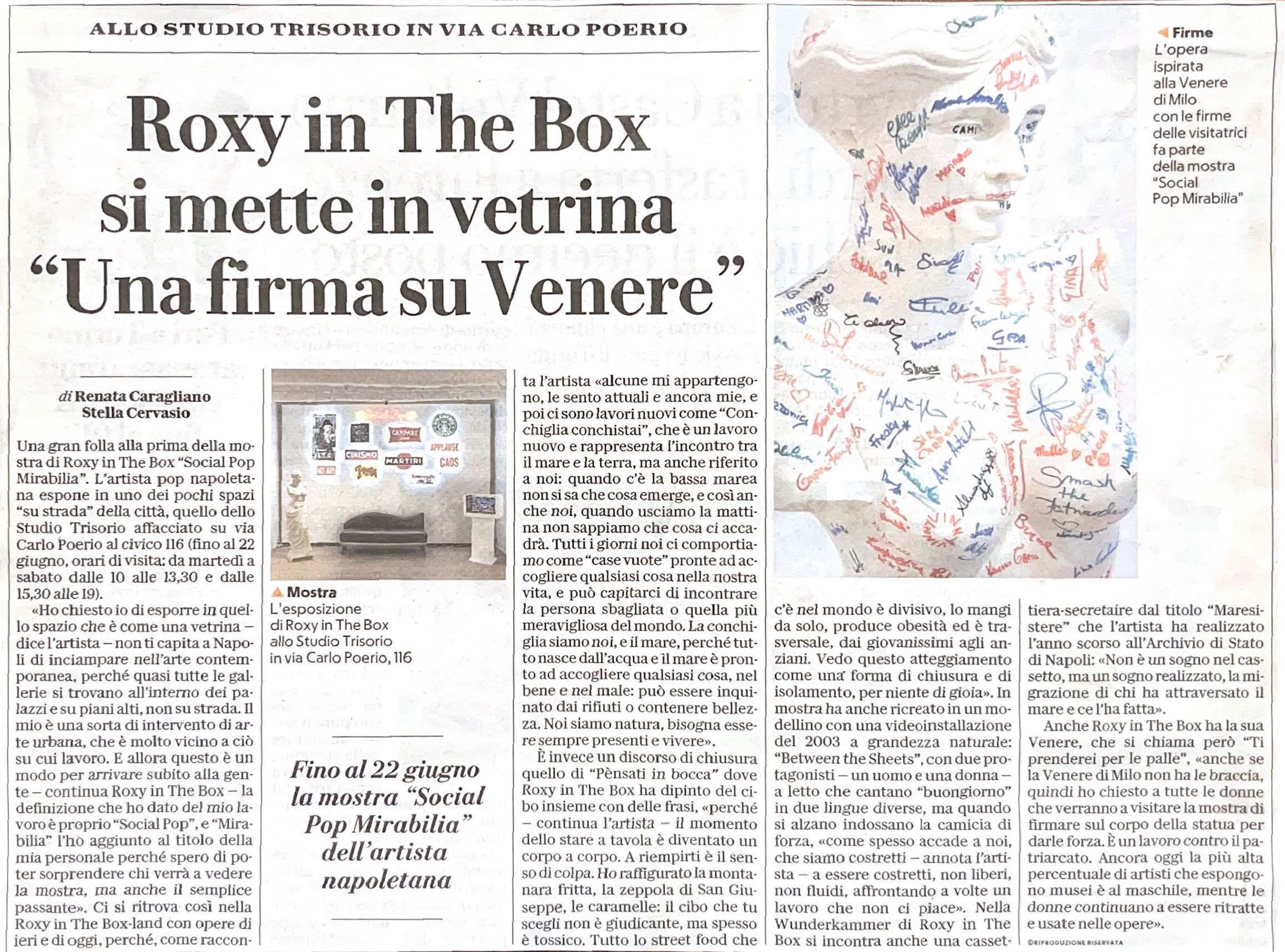 La Repubblica - Roxy in the Box si mette in vetrina "Una firma su Venere"