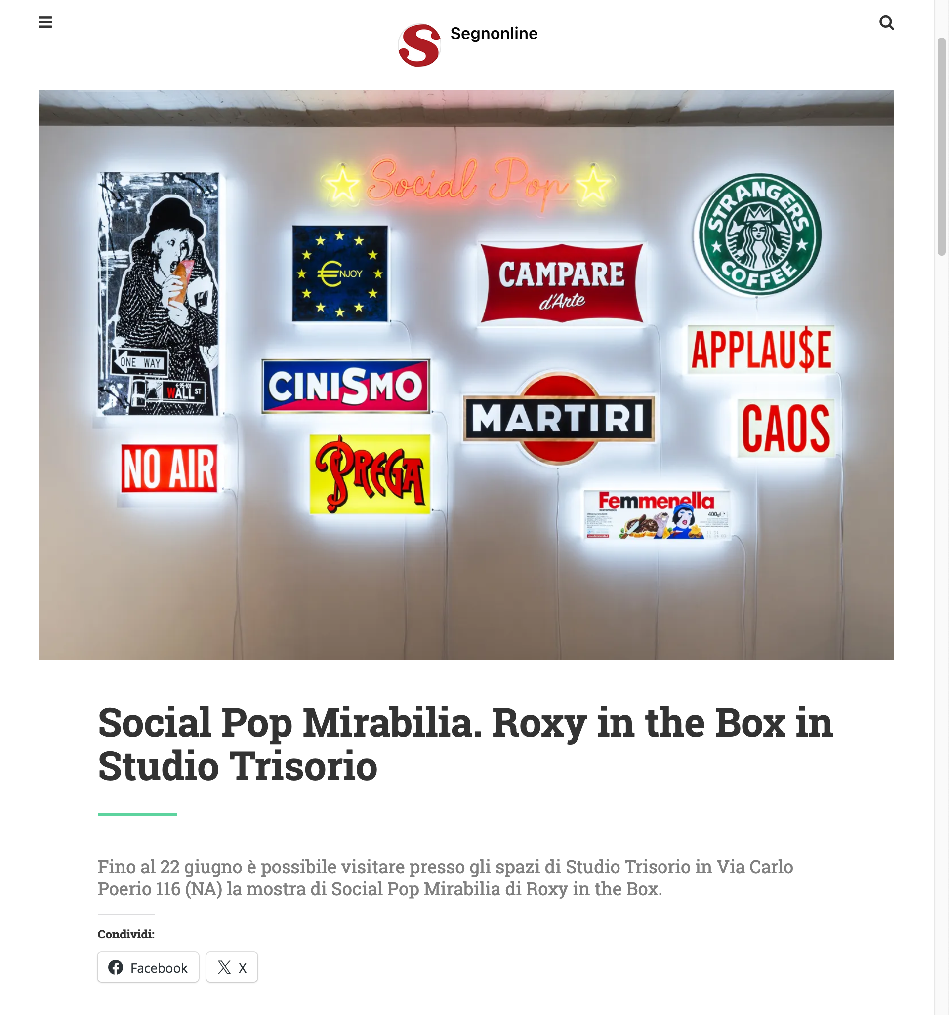 SEGNONLINE - Social Pop Mirabilia. Roxy in the Box inStudio Trisorio